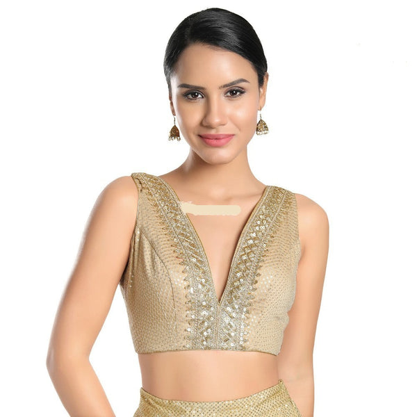 Readymade Jain Silk Padded Back Open Sleeveless Gold Saree Blouse