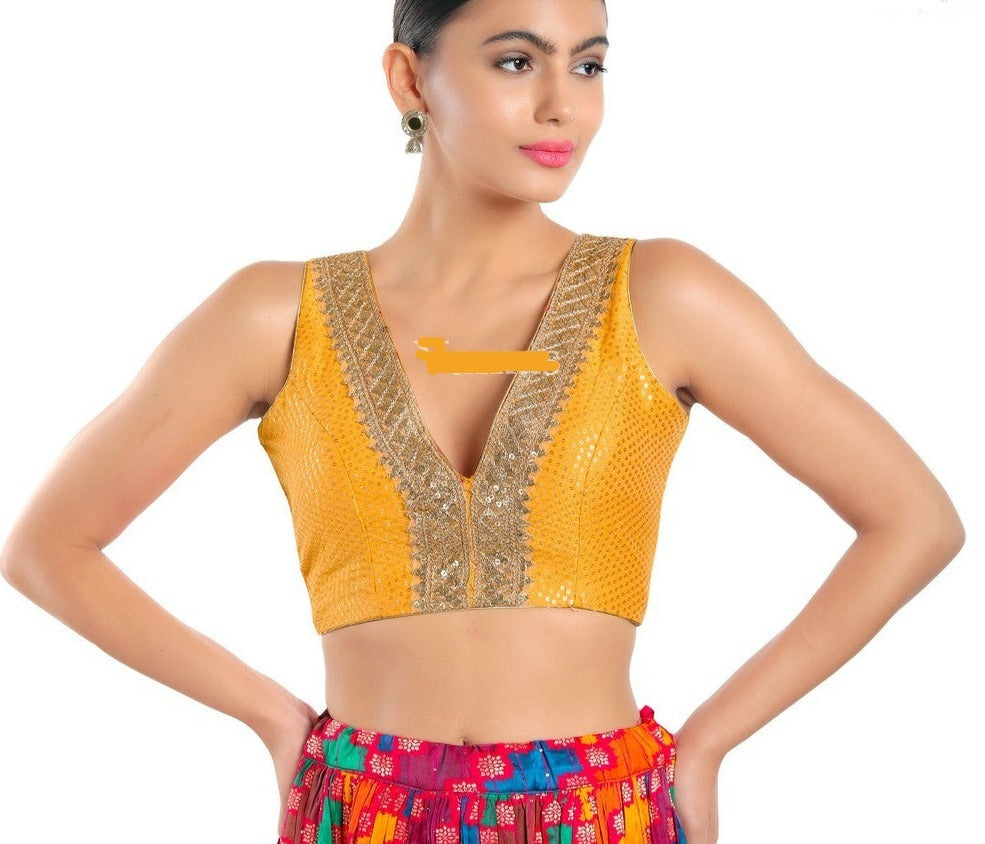 Readymade Jain Silk Padded Back Open Sleeveless Saree Blouse
