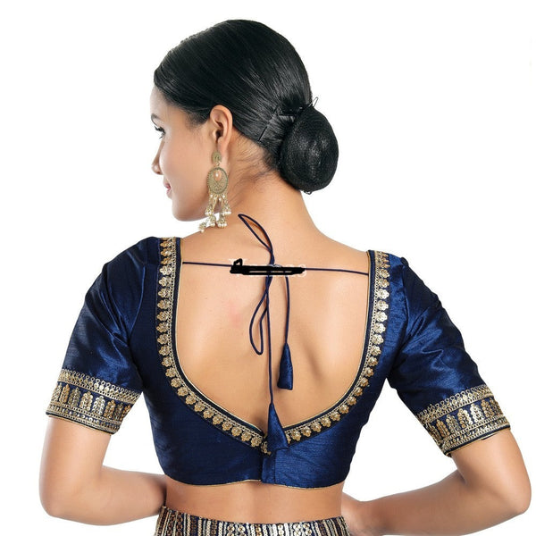 Readymade Mulbury Silk Padded Back Open Elbow Sleeves Navy Blue Saree Blouse