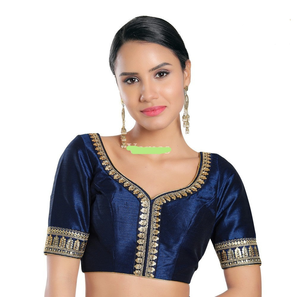 Readymade Mulbury Silk Padded Back Open Elbow Sleeves Navy Blue Saree Blouse