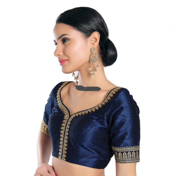 Readymade Mulbury Silk Padded Back Open Elbow Sleeves Navy Blue Saree Blouse