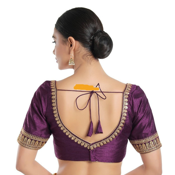 Readymade Mulbury Silk Padded Back Open Elbow Sleeves Wine Saree Blouse