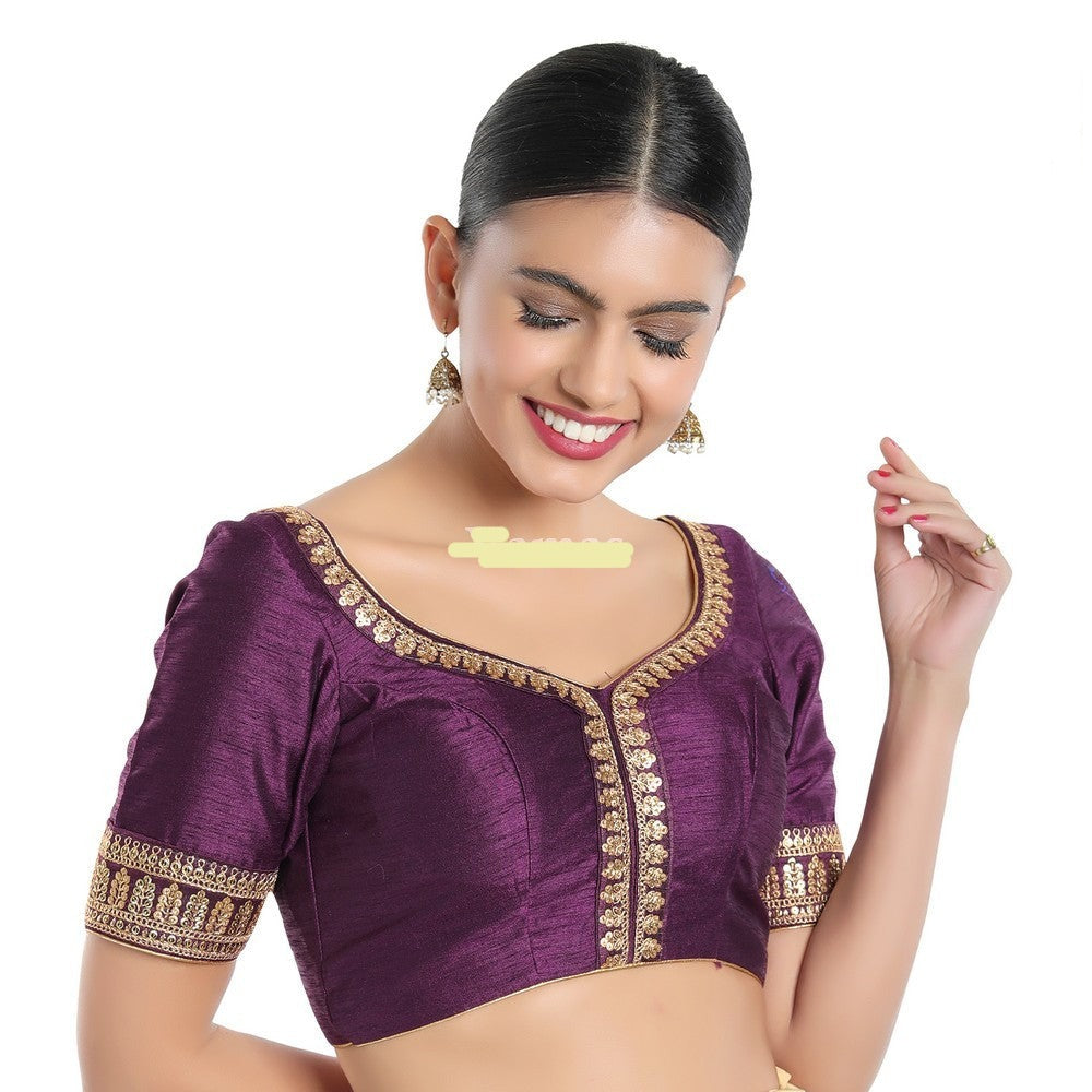 Readymade Mulbury Silk Padded Back Open Elbow Sleeves Wine Saree Blouse