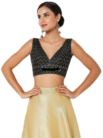 Readymade Brocade Padded Back Open Sleeves Black Saree Blouse