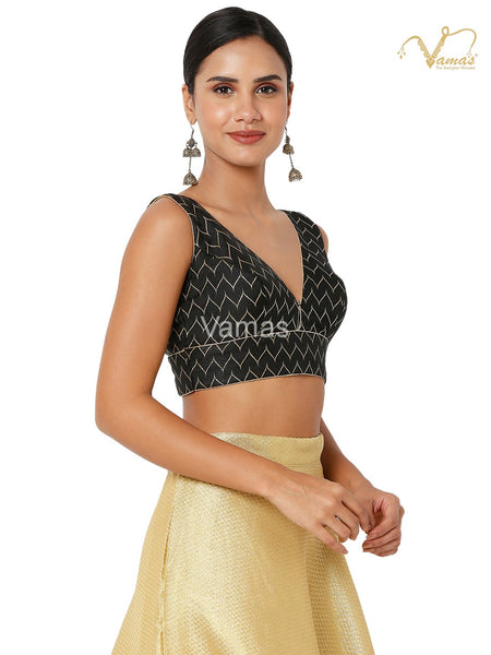 Readymade Brocade Padded Back Open Sleeves Black Saree Blouse
