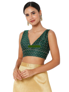 Readymade Brocade Padded Back Open Sleeves Green Saree Blouse
