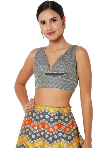 Readymade Women’s Brocade Padded Back Open Elbow Sleeves Grey Saree Blouse