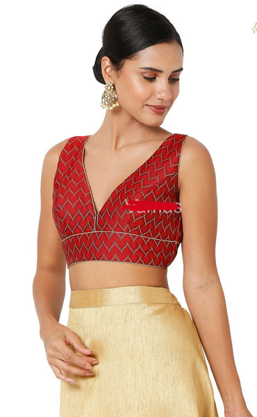 Readymade Women’s Brocade Padded Back Open Elbow Maroon Sleeves Saree Blouse