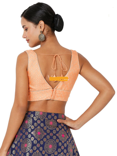 Readymade Women’s Brocade Padded Back Open Elbow Peach Sleeves Saree Blouse