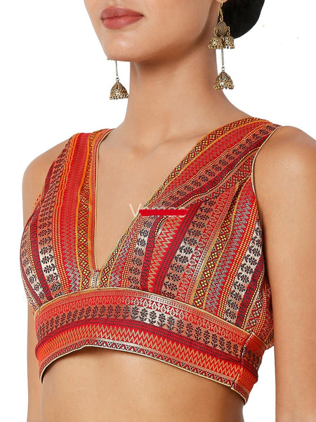 Readymade Women’s Brocade Padded Back Open Sleeveless Saree Blouse