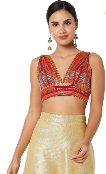 Readymade Women’s Brocade Padded Back Open Sleeveless Saree Blouse