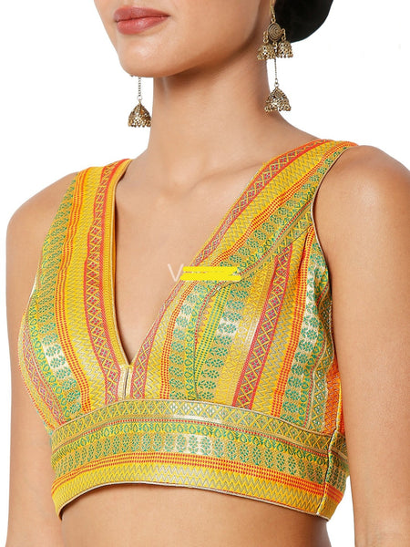 Readymade Women’s Brocade Padded Back Multi Color Open Sleeveless Saree Blouse