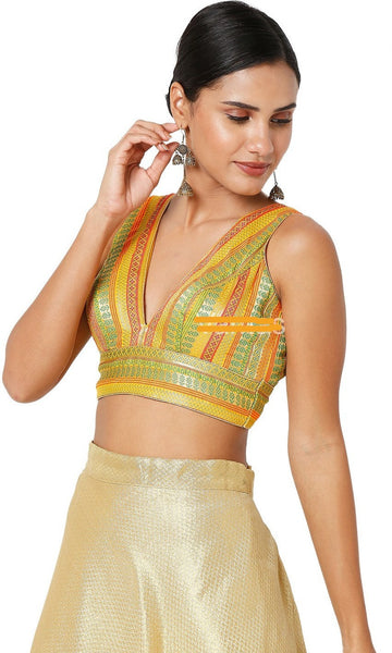 Readymade Women’s Brocade Padded Back Multi Color Open Sleeveless Saree Blouse
