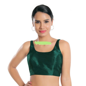 Readymade Dupion Silk Padded Back Open Sleeveless Bottle Green Saree Blouse