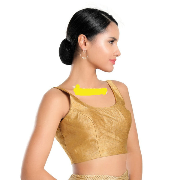 Readymade Dupion Silk Padded Back Open Sleeveless Gold Saree Blouse