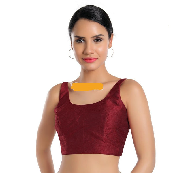 Readymade Dupion Silk Padded Back Open Sleeveless Maroon Saree Blouse