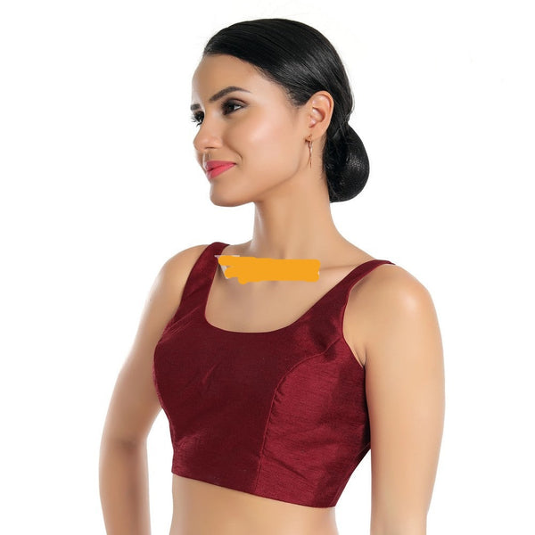 Readymade Dupion Silk Padded Back Open Sleeveless Maroon Saree Blouse