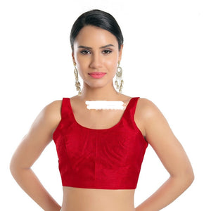 Readymade Dupion Silk Padded Back Open Sleeveless Red Saree Blouse