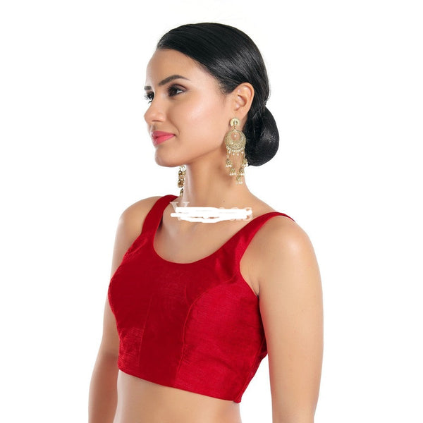 Readymade Dupion Silk Padded Back Open Sleeveless Red Saree Blouse