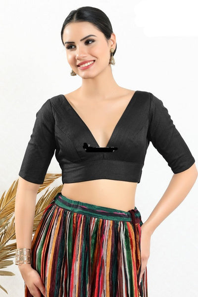 Readymade Silk Padded Back Open Elbow Sleeves Black Saree Blouse