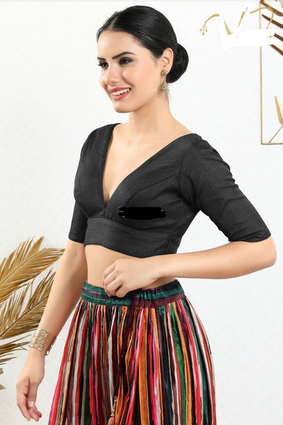 Readymade Silk Padded Back Open Elbow Sleeves Black Saree Blouse