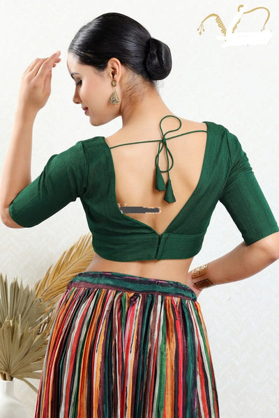 Readymade Silk Padded Back Open Elbow Sleeves Bottle Green Saree Blouse