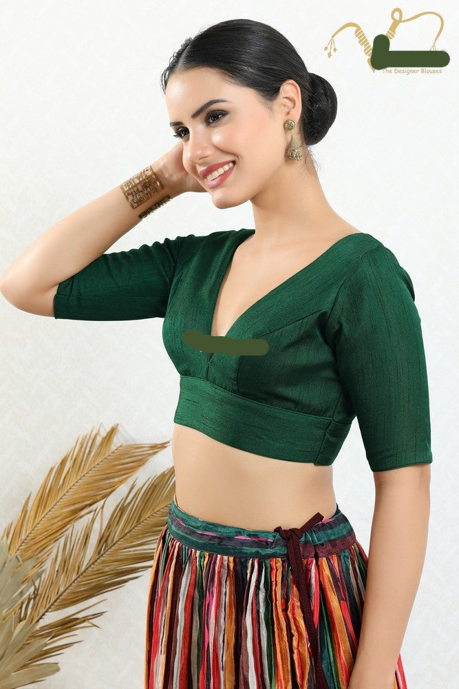 Readymade Silk Padded Back Open Elbow Sleeves Bottle Green Saree Blouse