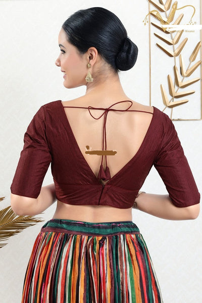 Readymade Silk Padded Back Open Elbow Sleeves Dark-Maroon Saree Blouse