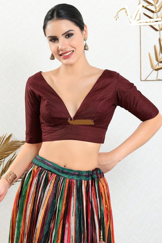 Readymade Silk Padded Back Open Elbow Sleeves Dark-Maroon Saree Blouse
