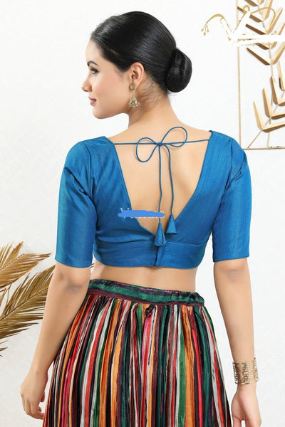 Readymade Silk Padded Back Open Elbow Sleeves Fire-Blue Saree Blouse