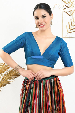 Readymade Silk Padded Back Open Elbow Sleeves Fire-Blue Saree Blouse