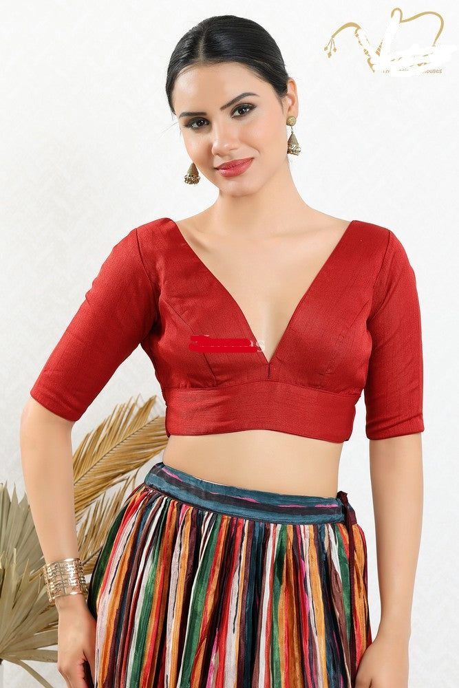 Readymade Mulbury Silk Padded Front Open Elbow Sleeves Red Saree Blouse