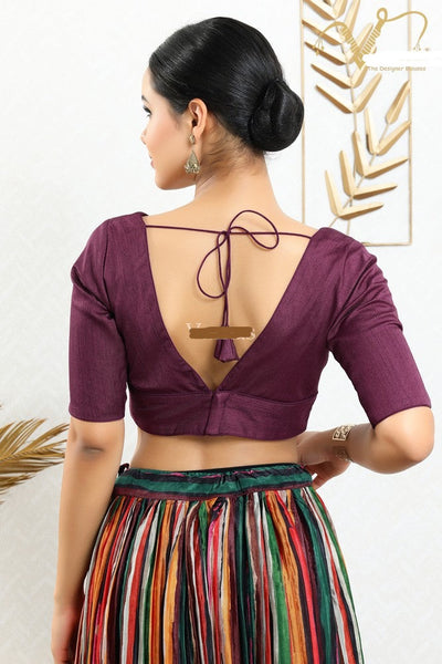 Readymade Silk Padded Back Open Elbow Sleeves Wine Saree Blouse