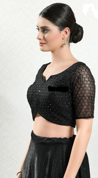 Readymade Net Padded Back Open Elbow Sleeves Saree Blouse