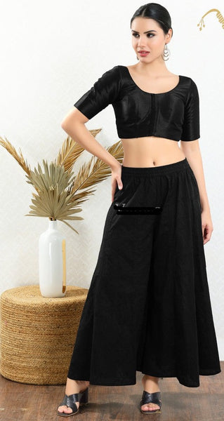 Readymade Mulbury Silk Padded Front Open Elbow Sleeves Black Saree Blouse