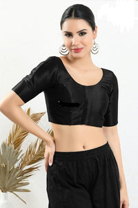 Readymade Mulbury Silk Padded Front Open Elbow Sleeves Black Saree Blouse