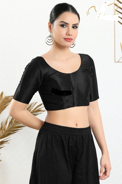 Readymade Mulbury Silk Padded Front Open Elbow Sleeves Black Saree Blouse