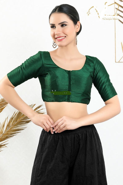 Readymade Silk Padded Front Back Elbow Sleeves Bottle-Green Saree Blouse