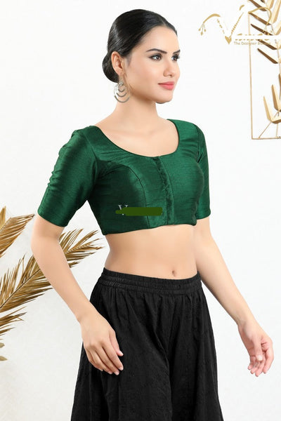 Readymade Silk Padded Front Back Elbow Sleeves Bottle-Green Saree Blouse