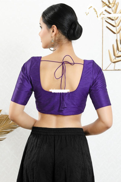 Readymade Mulbury Silk Padded Front Open Elbow Sleeves Brinjal Saree Blouse