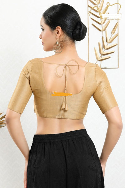 Readymade Mulbury Silk Padded Front Open Elbow Sleeves Gold Saree Blouse