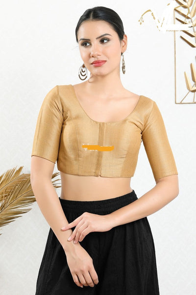 Readymade Mulbury Silk Padded Front Open Elbow Sleeves Gold Saree Blouse