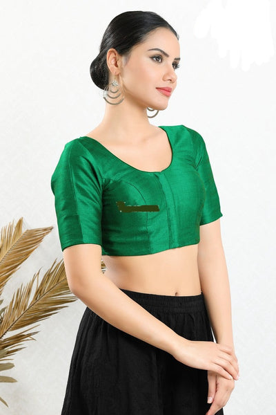 Readymade Mulbury Silk Padded Front Open Elbow Sleeves Green Saree Blouse