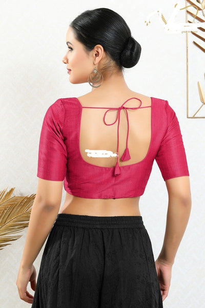 Readymade Mulbury Silk Padded Front Open Elbow Sleeves Magenta Saree Blouse