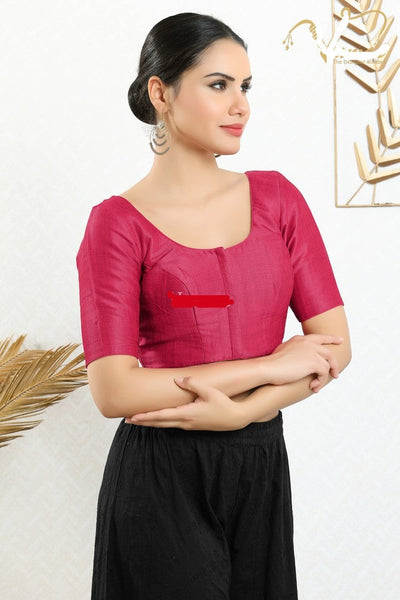 Readymade Mulbury Silk Padded Front Open Elbow Sleeves Magenta Saree Blouse