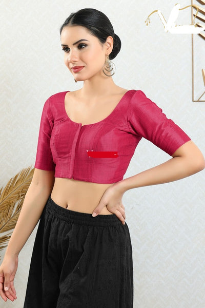 Readymade Mulbury Silk Padded Front Open Elbow Sleeves Magenta Saree Blouse