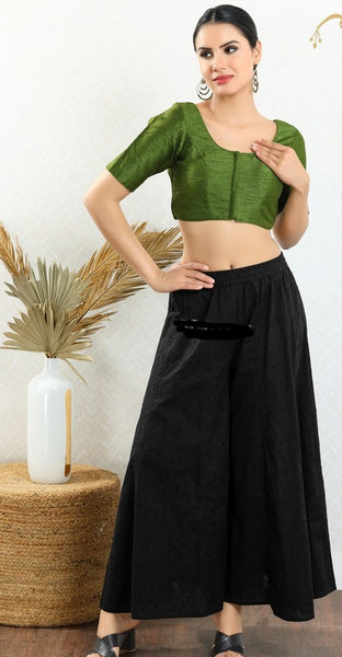 Readymade Mulbury Silk Padded Front Open Elbow Sleeves Mehendi-Green Saree Blouse
