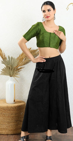 Readymade Mulbury Silk Padded Front Open Elbow Sleeves Mehendi-Green Saree Blouse