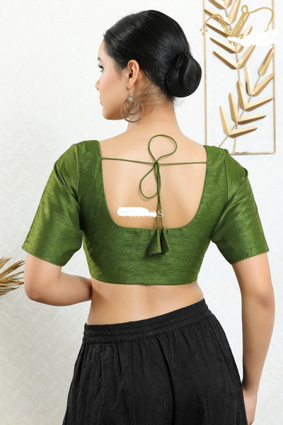 Readymade Mulbury Silk Padded Front Open Elbow Sleeves Mehendi-Green Saree Blouse