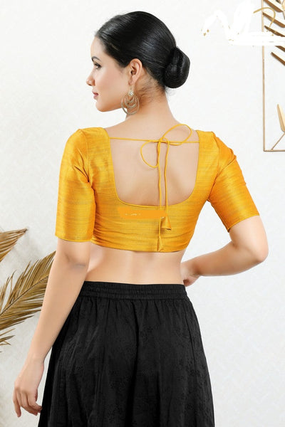 Readymade Silk Padded Back Open Elbow Sleeves Mustard Saree Blouse